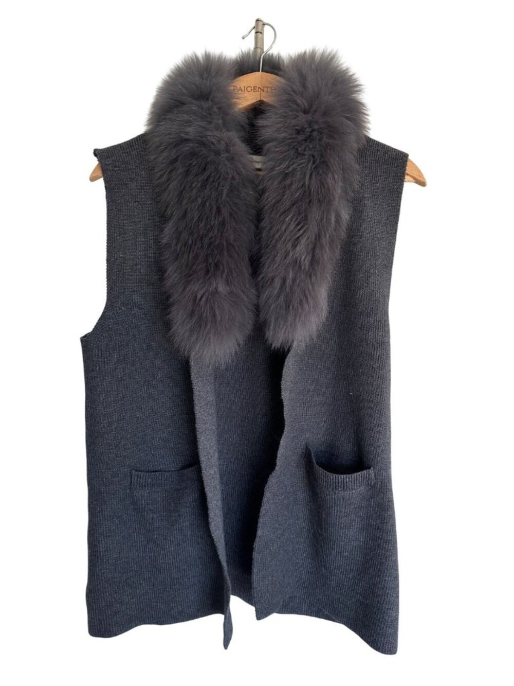 Neiman Marcus Women's M Dark Grey Knit Vest with Fox Fur Trim Old Money
